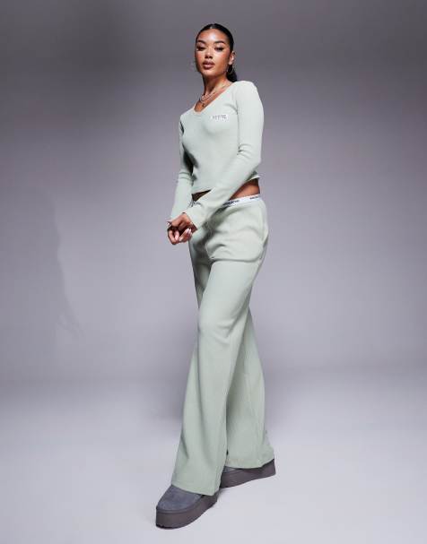 Weekend Collective co-ord waffle v neck top and jogger in sage green - view 1
