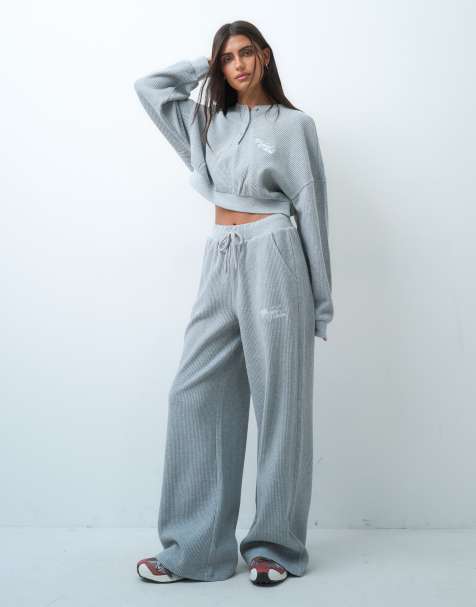 Weekend Collective co-ord waffle wide leg jogger in grey - view 1