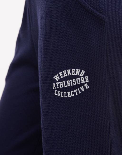 Weekend Collective co-ord waffle wide leg jogger with graphic in navy and white, 2 of 5