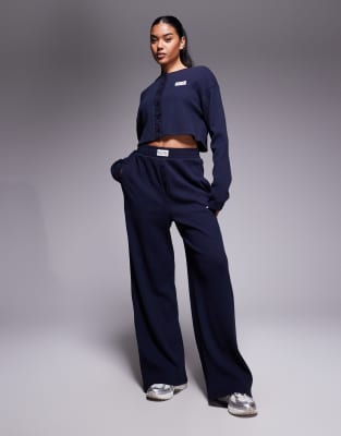 ASOS Weekend Collective Weekend Collective co-ord waffle wide leg jogger with nylon detail in navy