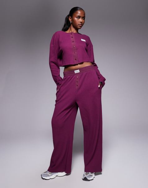 Weekend Collective co-ord waffle wide leg joggers with nylon detail in plum - view 1