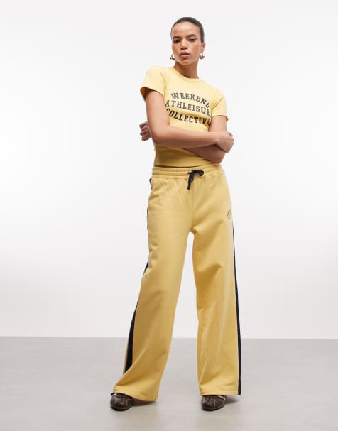Weekend Collective co-ord wide leg jogger with contrast stripe in yellow - view 1