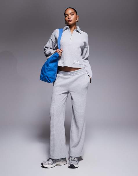Weekend Collective co-ord wide leg waffle jogger in grey - view 1
