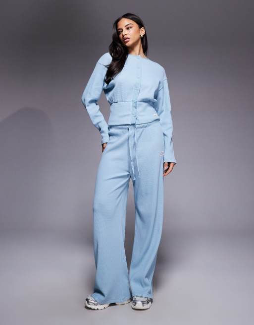 Weekend Collective co-ord wide leg waffle trackies in dusky blue