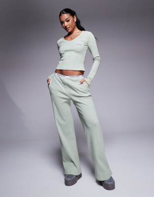 ASOS Weekend Collective Weekend Collective co-ord wide leg waffle waistband trouser in sage green