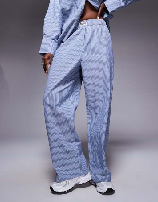 Weekend Collective co-ord wide leg woven stripe trouser in blue and white, 2 of 5