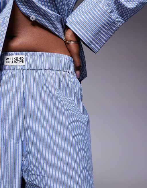 Weekend Collective co-ord wide leg woven stripe trouser in blue and white, 3 of 5