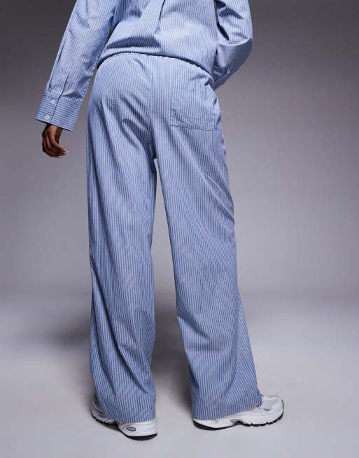 Weekend Collective co-ord wide leg woven stripe trouser in blue and white, 4 of 5