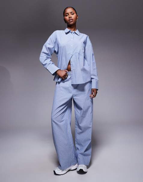 Weekend Collective co-ord woven stripe trouser in blue and navy - view 1