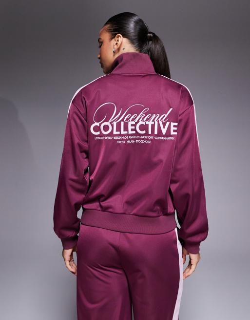 Weekend Collective co-ord zip through poly-tricot tracksuit top in burgundy, 4 of 4
