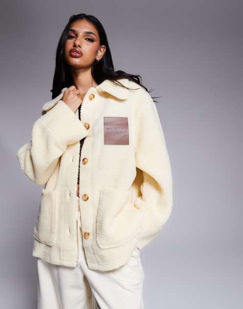 Weekend Collective collared button up borg with PU patch in neutral - view 1
