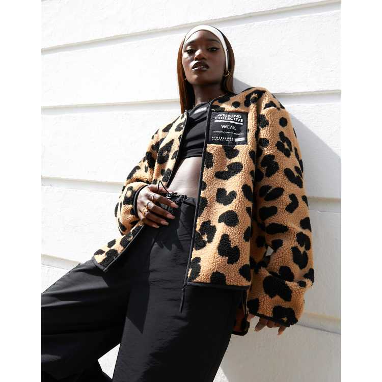 Weekend Collective collarless fleece in leopard print with woven