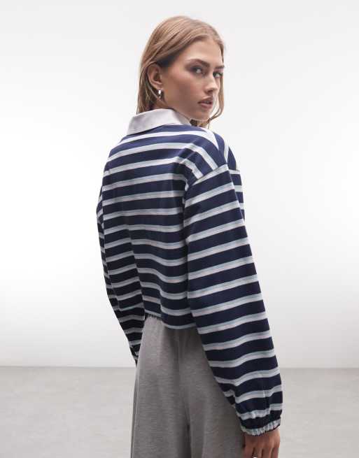 Weekend Collective cropped stripe polo top in navy, 4 of 4