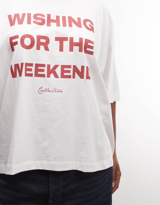 Weekend Collective Curve - camiseta oversize con gráfico «wishing for the weekend» en blanco y burdeos, 3 de 4