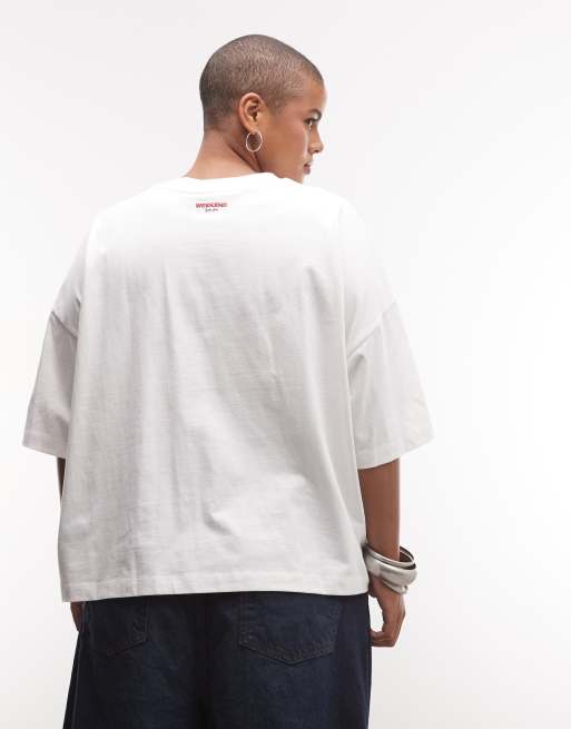 Weekend Collective Curve - camiseta oversize con gráfico «wishing for the weekend» en blanco y burdeos, 4 de 4