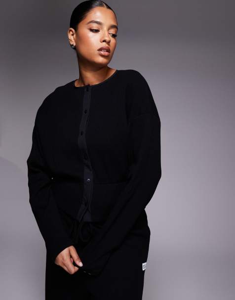 Weekend Collective Curve cinched waist waffle cardigan in black (part of a set) - view 1