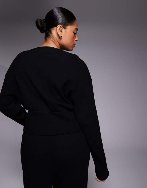 Weekend Collective Curve  co-ord cinched waist waffle cardigan in black, 4 of 4