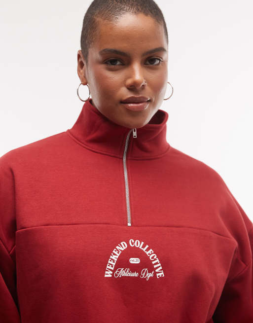 Weekend Collective Curve co-ord half zip funnel neck sweatshirt with graphic in red, 2 of 4