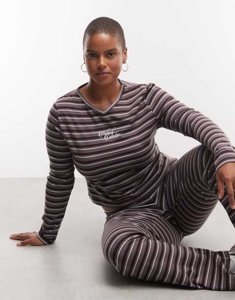 Weekend Collective Curve co-ord long sleeve lace trim top in stripe - view 1