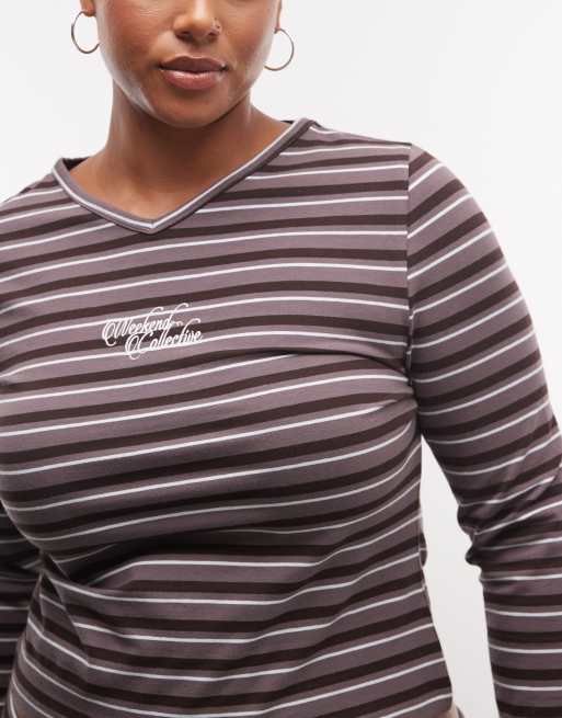 Weekend Collective Curve co-ord long sleeve lace trim top in stripe, 2 of 4