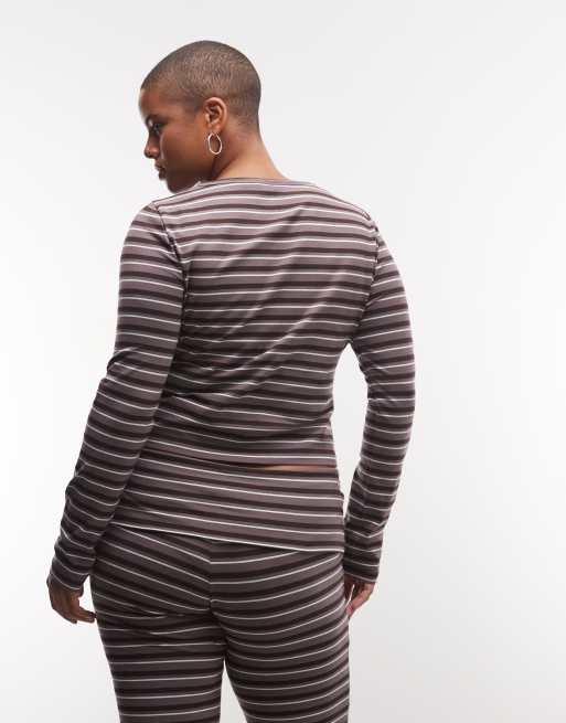 Weekend Collective Curve co-ord long sleeve lace trim top in stripe, 4 of 4