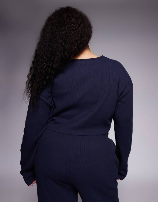 Weekend Collective Curve co-ord waffle button top with nylon in navy, 3 of 4