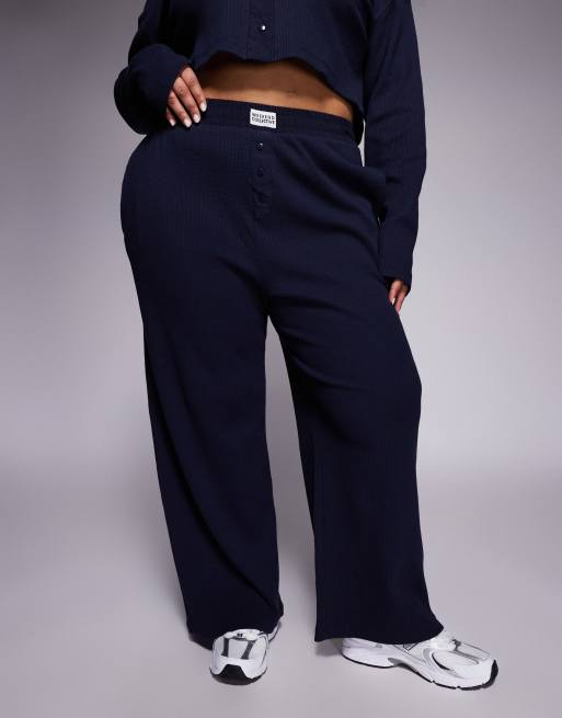 Weekend Collective Curve co-ord waffle wide leg jogger with nylon detail in navy, 3 of 5