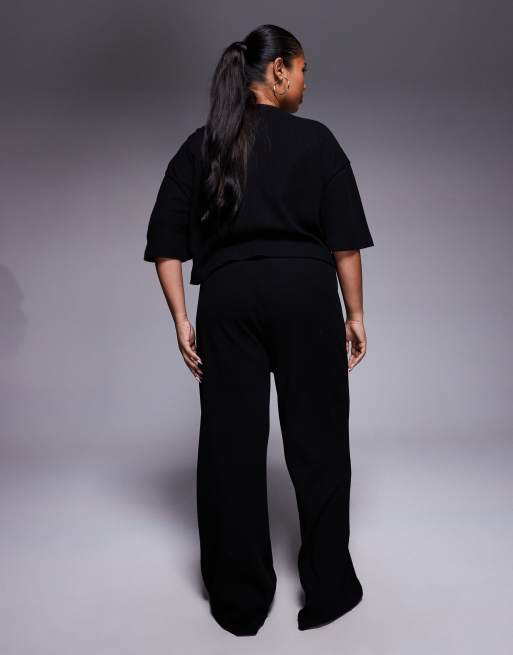 Weekend Collective Curve co-ord wide leg waffle trouser with nylon trim in black, 5 of 5