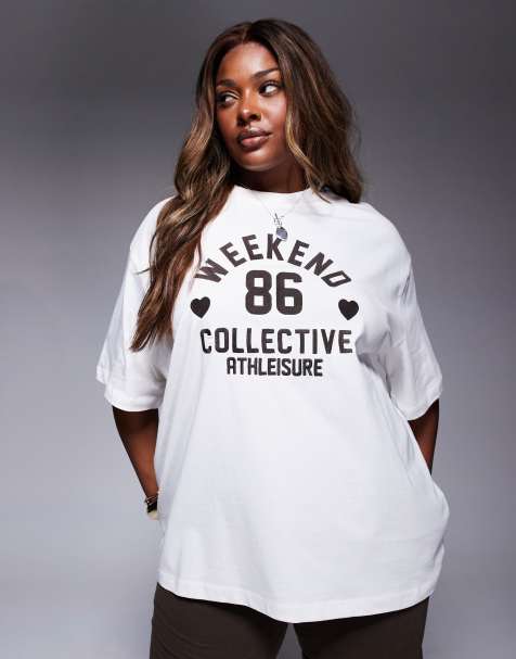 Weekend Collective Curve - Cremefarvet T-shirt med chokoladebrunt hjertebroderi og print - Del af sæt - view 1