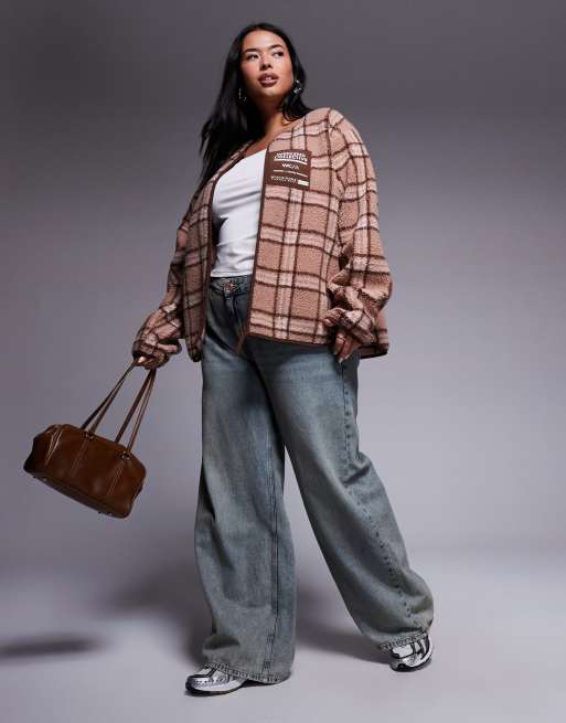 Weekend Collective Curve - Felpa in pile borg rosa a quadri con zip, 2 di 4