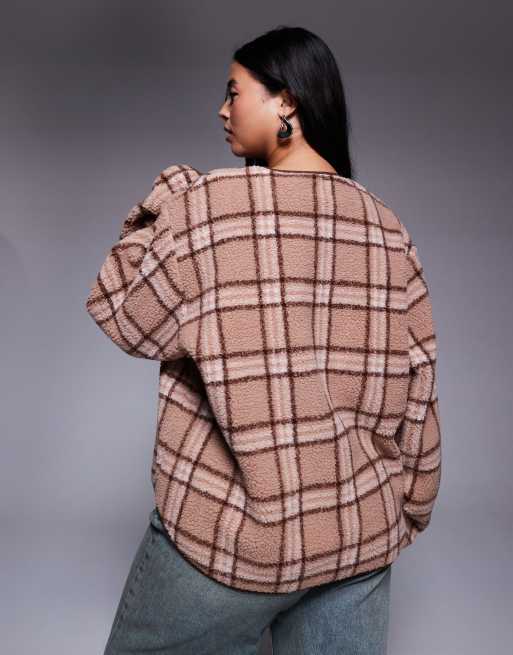 Weekend Collective Curve - Felpa in pile borg rosa a quadri con zip, 3 di 4