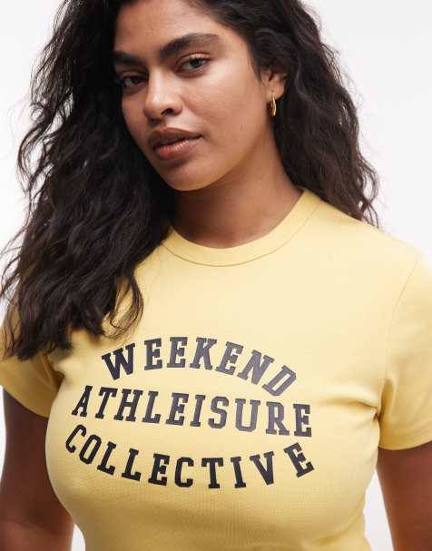Weekend Collective Curve - Geribbelde baby tee met athleisure-print in geel - view 1