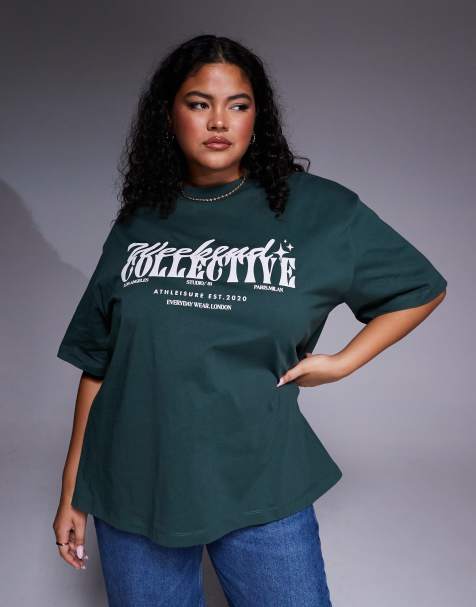 Weekend Collective Curve – Grön t-shirt i oversize med texttryck framtill - view 1