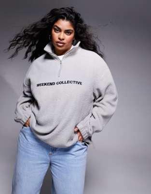 Weekend Collective Curve half zip borg fleece with logo in grey marl