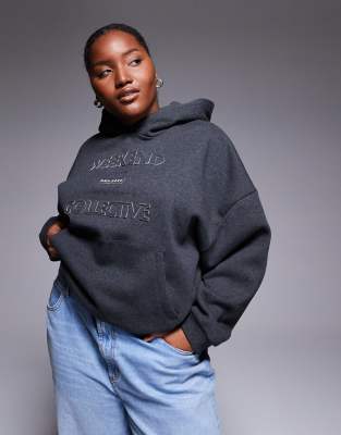 Asos Weekend Collective Weekend Collective Curve Hoodie With Applique Graphic In Gray