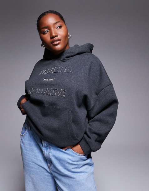 Weekend Collective Curve hoodie with applique graphic in charcoal marl - view 1