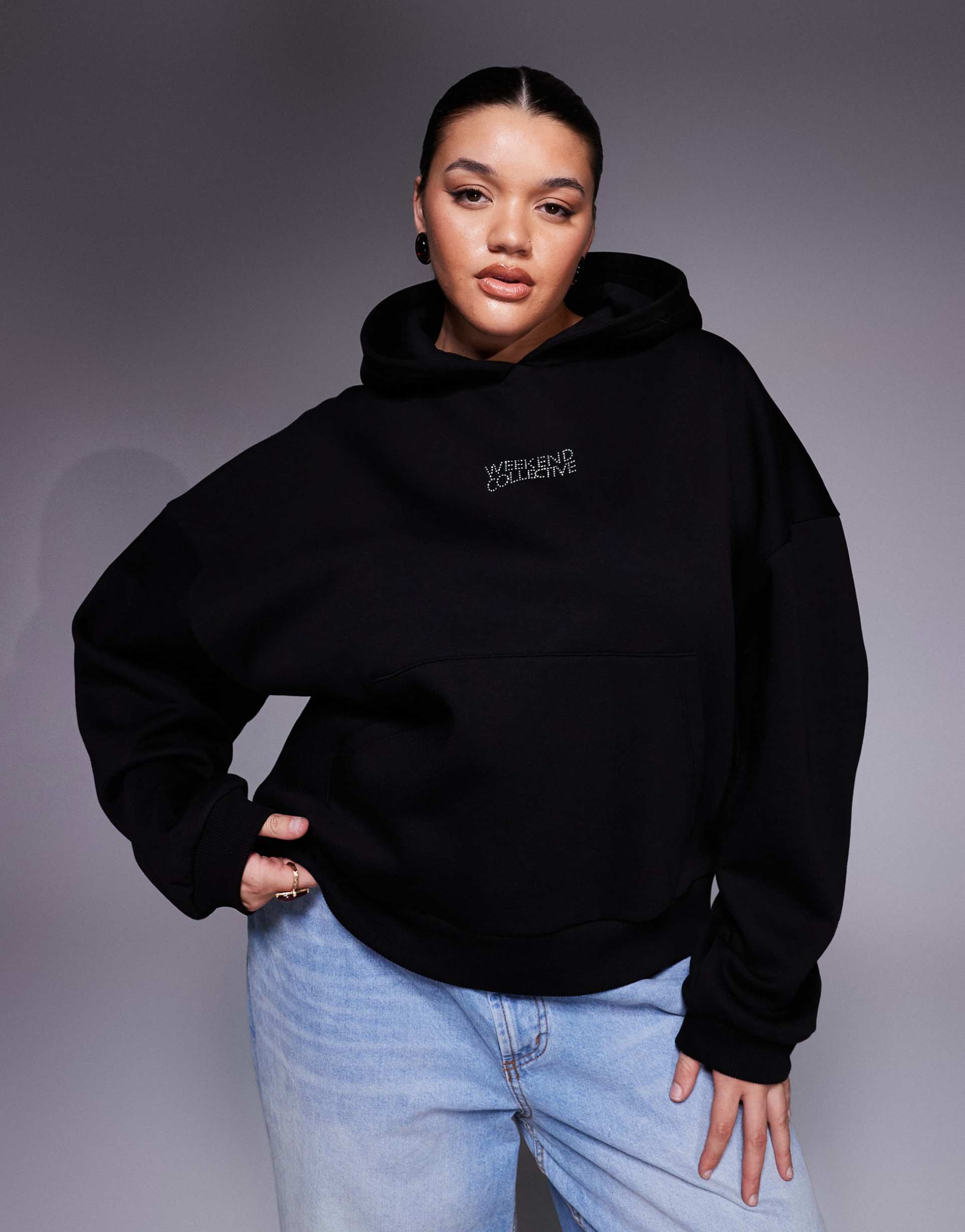 weekend collective curve hoodie with rhinestone graphics in black