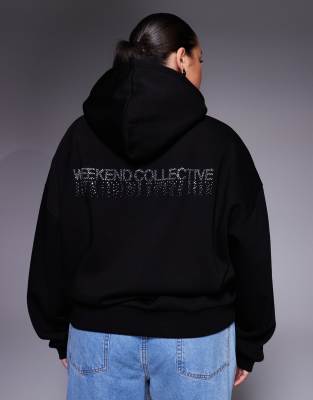 Asos Weekend Collective Weekend Collective Curve Hoodie With Rhinestone Graphics In Black