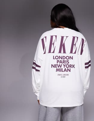 Asos Weekend Collective Weekend Collective Curve Icon Long Sleeve T-shirt With Stacked Back Logo In White