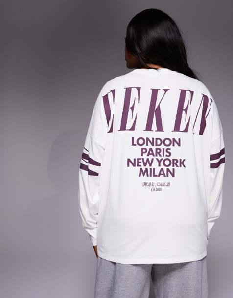 Weekend Collective Curve Icon long sleeve t-shirt with stacked back logo in cream and plum - view 1