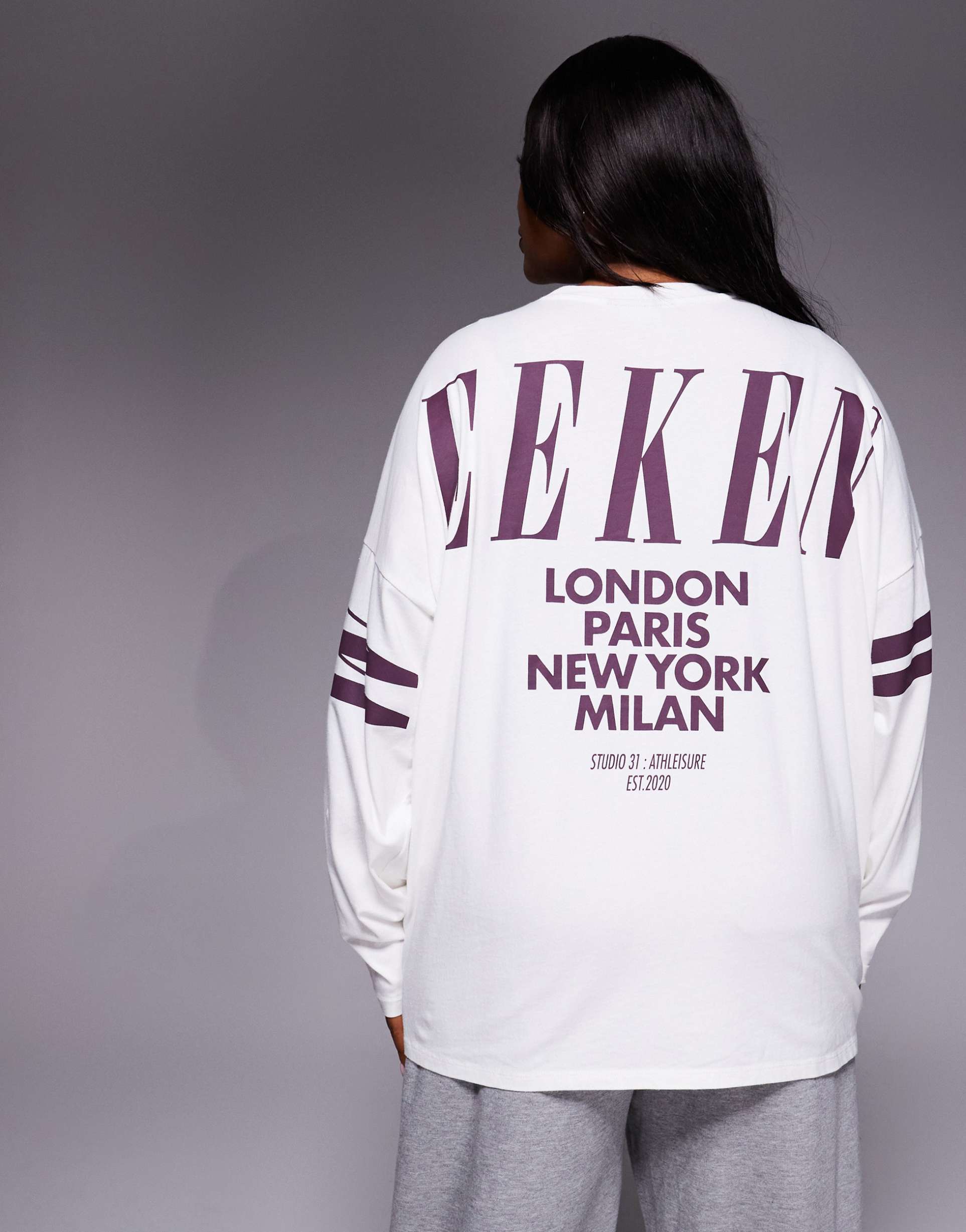 weekend collective curve icon long sleeve t-shirt with stacked back logo in cream and plum