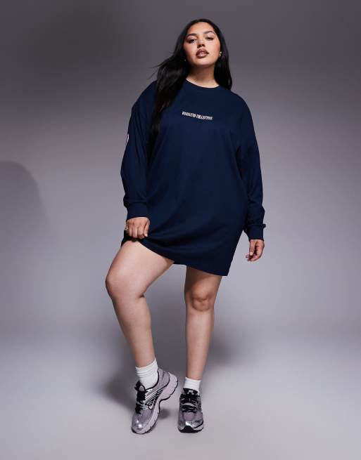 Weekend Collective Curve Icon oversized long sleeve T-shirt dress with stacked back logo in navy and pink