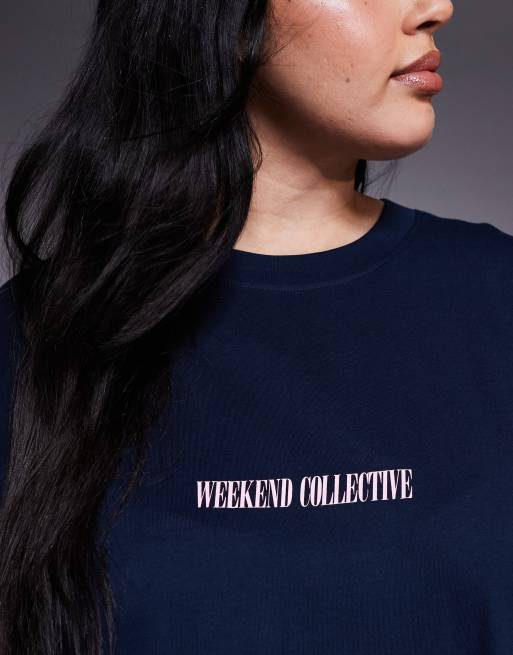 Weekend Collective Curve Icon oversized long sleeve T-shirt dress with stacked back logo in navy and pink