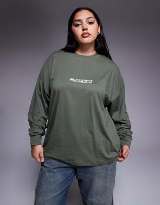 Asos Weekend Collective Weekend Collective Curve Icon Oversized Long Sleeve T-shirt With Stacked Back Logo In Green