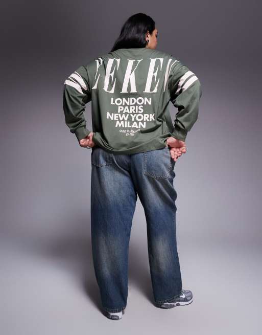 Weekend Collective Curve Icon oversized long sleeve T-shirt with stacked back logo in khaki