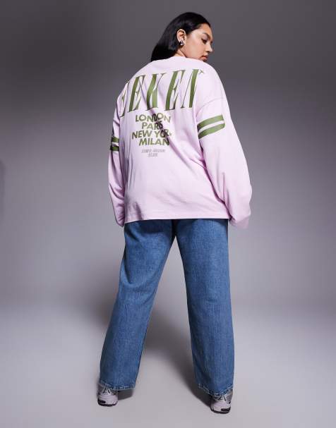 Weekend Collective Curve Icon oversized long sleeve T-shirt with stacked back logo in pink - view 1