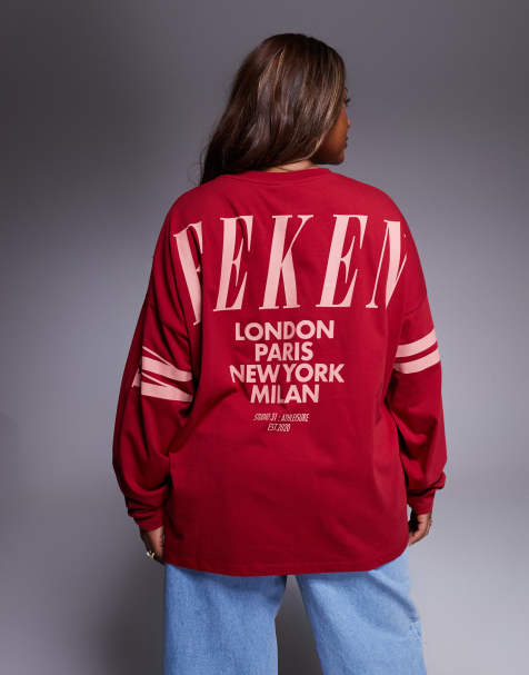 Weekend Collective Curve Icon oversized long sleeve t-shirt with stacked back logo in red and pink - view 1