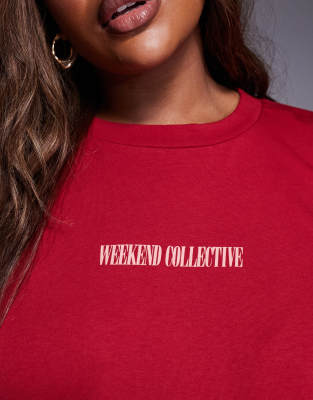 Asos Weekend Collective Weekend Collective Curve Icon Oversized Long Sleeve T-shirt With Stacked Back Logo In Red
