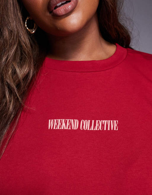 Weekend Collective Curve Icon oversized long sleeve t-shirt with stacked back logo in red and pink, 2 of 4