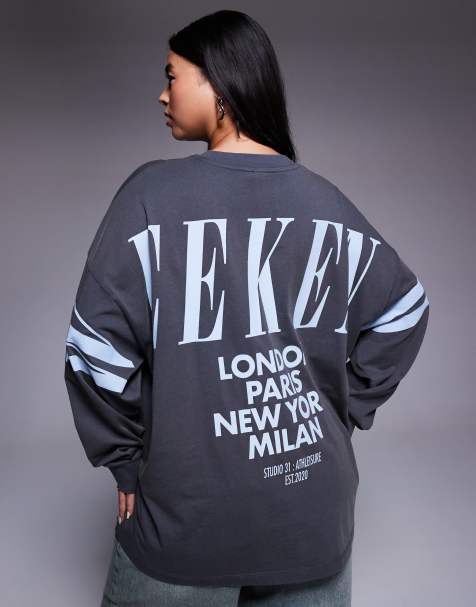 Weekend Collective Curve Icon oversized long sleeve t-shirt with stacked back logo in washed black - view 1